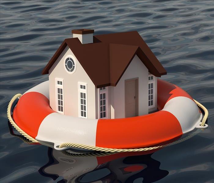 House and lifebuoy on water surface.